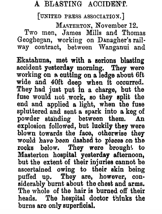 Thomas Geoghegan Accident, Grey River Argus Nov 1887